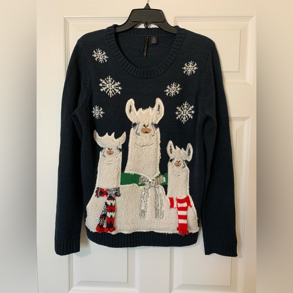 Blue and White Festive Holiday‎ Llama Design Crew Neck Long Sleeve Sweater XL